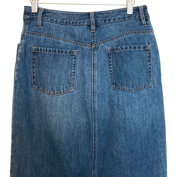 HOUSE OF HARLOW 1960 Denim Midi Pencil Skirt High Rise Split Front Blue - Picture 8 of 9